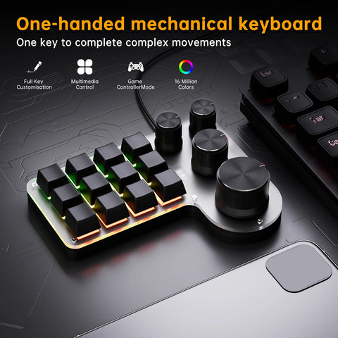 Programmable Macro Keyboard 12-Keys 4 Knob Gaming Keypad with USB Wired+BT Dual Mode Multi-Purpose Shortcut Custom Keypad